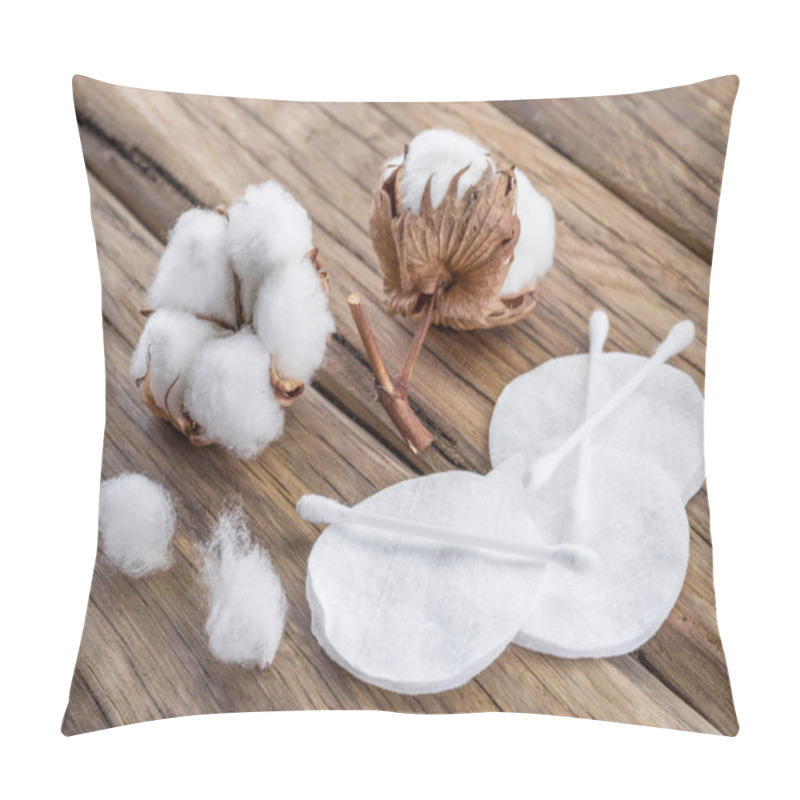 Personality  Fluffy Cotton Ball And Cotton Swabs And Pads On Wooden Table. Pillow Covers