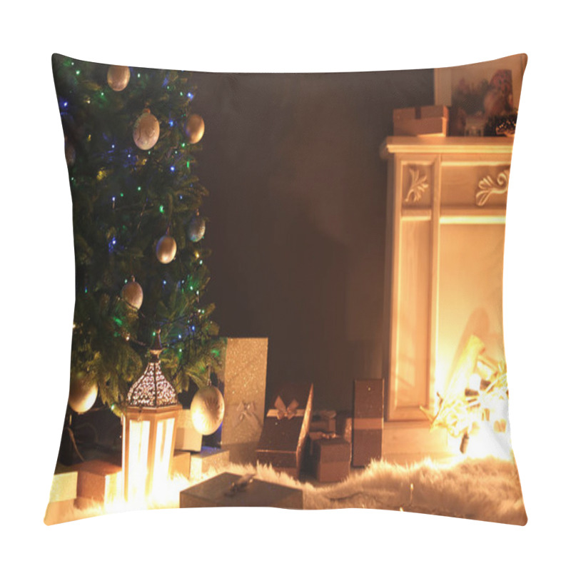 Personality  Stylish Living Room Interior With Christmas Tree And Fireplace At Night Pillow Covers