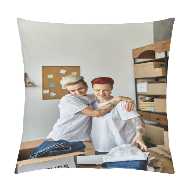 Personality  A Young Lesbian Couple In Volunteer T-shirts Are Standing Together In A Room, Engaged In Charity Work. Pillow Covers