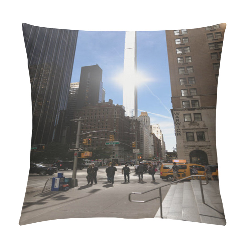 Personality  NEW YORK, USA - OCTOBER 11, 2022: Sunlight On Skyscraper On Urban Street In Manhattan  Pillow Covers