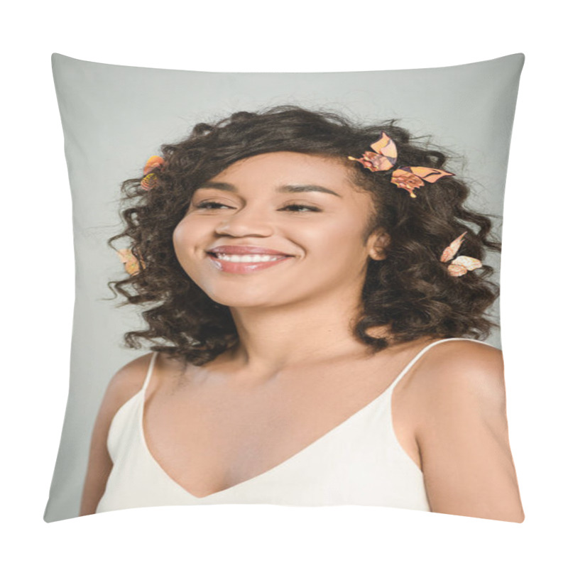 Personality  Cheerful African American Woman With Butterflies In Hair Posing Isolated On Grey Pillow Covers