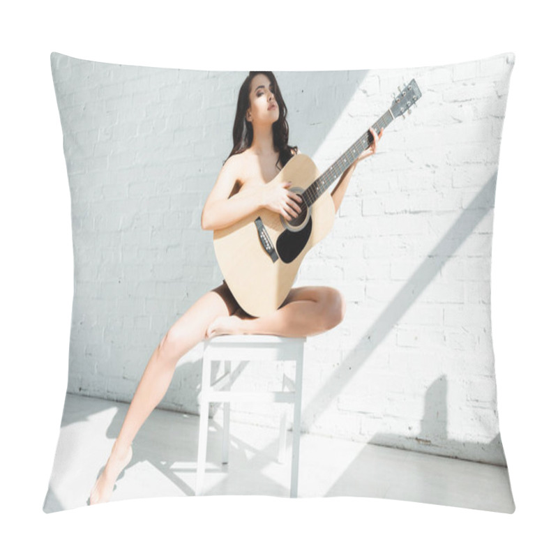 Personality  Beautiful Naked Woman Holding Acoustic Guitar While Sitting On Chair In Living Room Pillow Covers