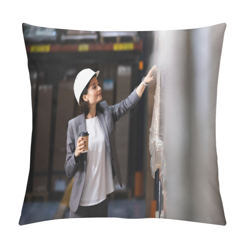 Personality  Businesswoman In Suit And Heard Hat Holding Coffee To Go In Warehouse, Logistics Management Pillow Covers