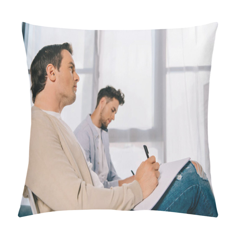 Personality  Side View Of Businessmen With Notebooks At Business Training In Office Pillow Covers