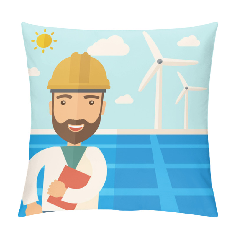 Personality  Man In Solar Panel And Windmills. Pillow Covers