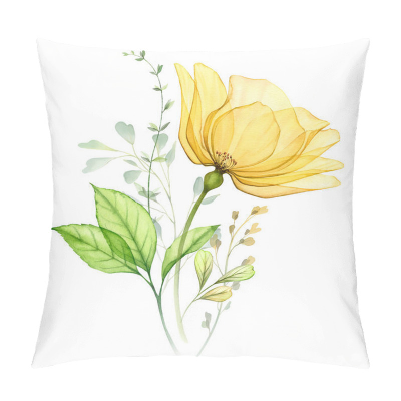 Personality  Watercolor Bouquet With Rose Fresh Green Leaves. Big Transparent Yellow Flower With Tender Branches. Vibrant Bright Composition In Modern Classical Style. Hand Painted Abstract Artwork. Pillow Covers