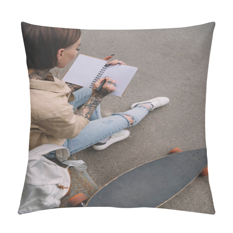 Personality  High Angle View Of Tattooed Woman With Skateboard Writing In Empty Textbook  Pillow Covers