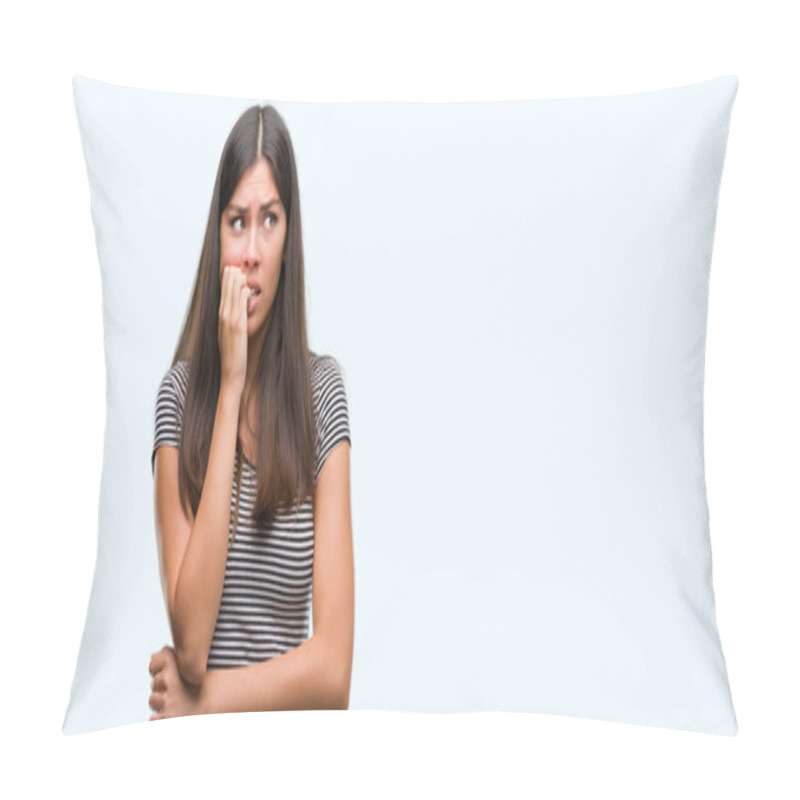 Personality  Young Beautiful Hispanic Woman Looking Stressed And Nervous With Hands On Mouth Biting Nails. Anxiety Problem. Pillow Covers