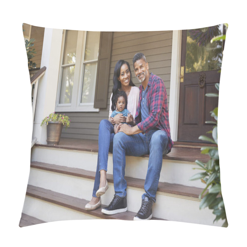 Personality  Family With Baby Son Sit On Steps Leading Up To Porch Of Home Pillow Covers