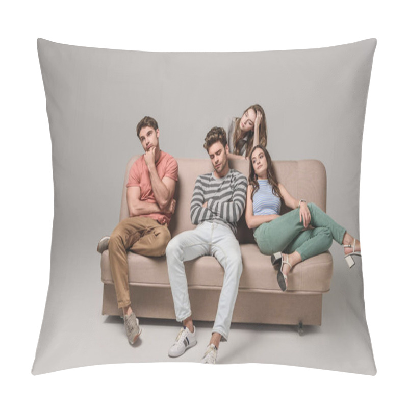 Personality  Bored And Pensive Friends Sitting Together On Sofa On Grey  Pillow Covers