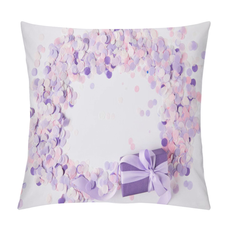 Personality  Top View Of Gift Box And Violet Confetti Pieces On White Surface Pillow Covers