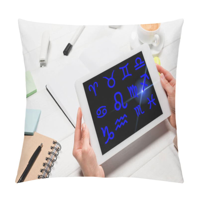 Personality  Cropped View Of Woman Holding Digital Tablet With Zodiac Signs At Workplace With Office Supplies And Coffee Pillow Covers