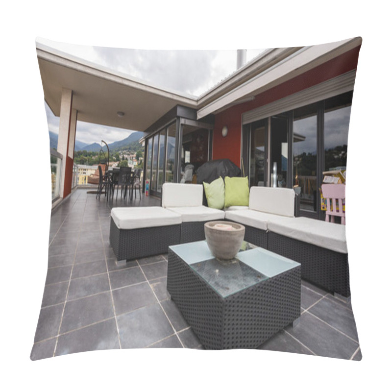 Personality  Large Terrace Furnished With Outdoor Furniture. Nobody Inside Pillow Covers