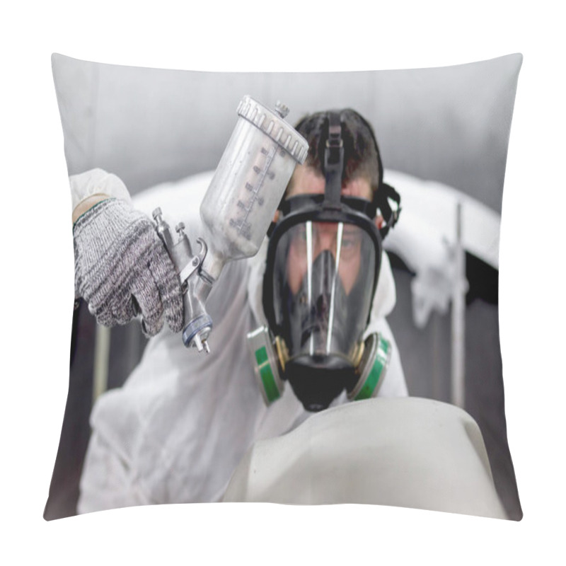 Personality  Painting Tool In Hand Of Mechanic Man Painter Wearing Chemical Protective Mask While Working With Auto Mechanic Painting A Car, Fixing Repairing Vehicle At Garage Automobile Repair Service Shop. Pillow Covers