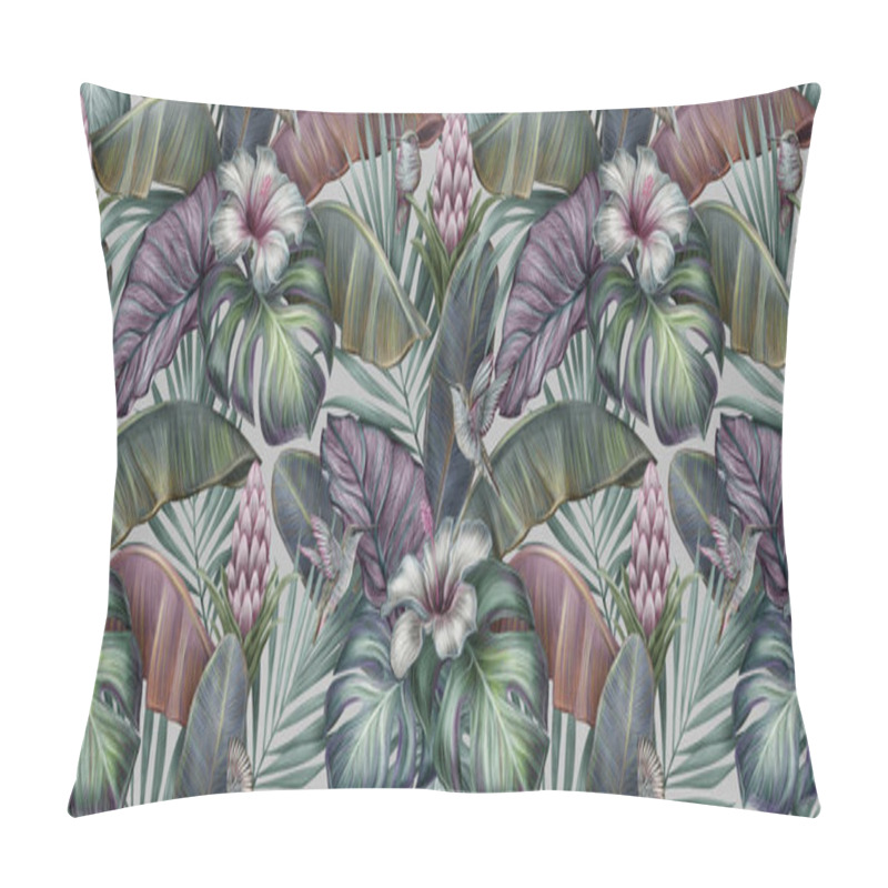 Personality  Tropical Exotic Seamless Pattern With Birds, Monstera, Hibiscus, Bromeliad, Banana Leaves, Palm, Colocasia. Hand-drawn 3D Illustration. Good For Production Wallpapers, Wrapping Paper, Cloth And Fabric Printing. Pillow Covers