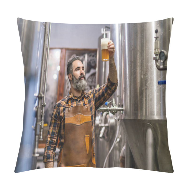 Personality  Bearded Brewery Master Holding Glass Of Beer And Evaluating Its Visual Characteristics. Small Family Business, Production Of Craft Beer. Pillow Covers