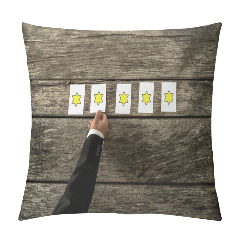 Personality  Overhead View Of Male Hand Placing Five Cards With Golden Stars Pillow Covers