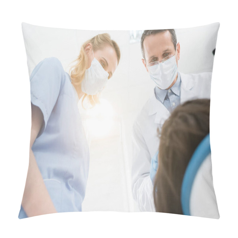 Personality  Team Of Doctors Helping Patient In Modern Dental Clinic Pillow Covers