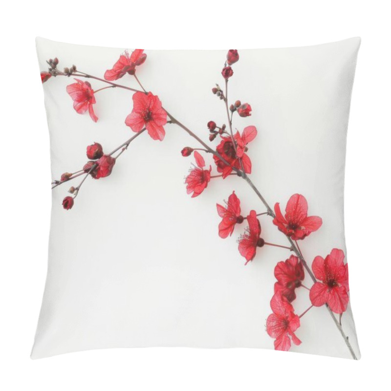 Personality  Delicate Red Cherry Blossom Branch On A Soft White Background, Showcasing Vibrant Floral Beauty. Pillow Covers