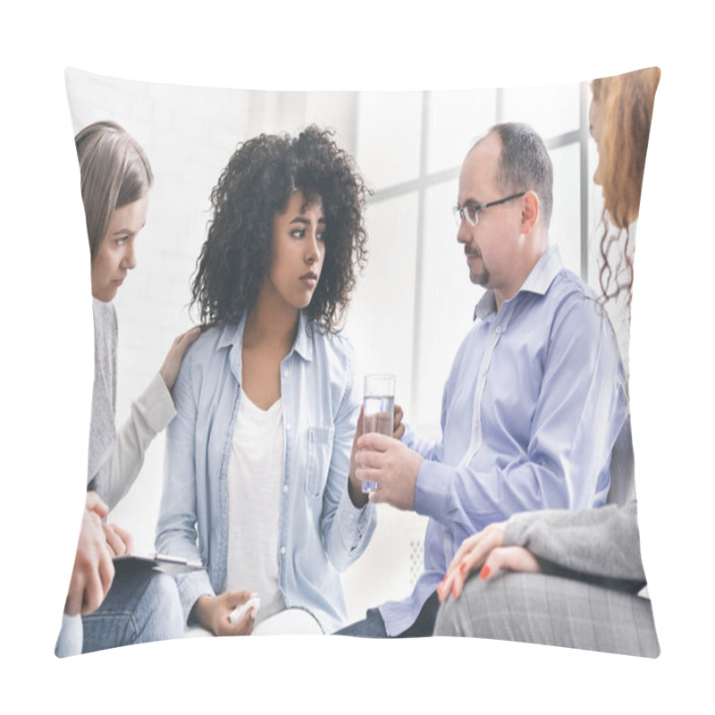 Personality  Kind People Comforting African Woman At Support Group Pillow Covers