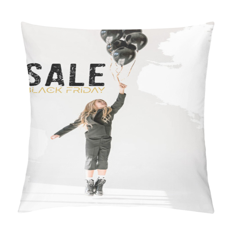 Personality  Dreamy Child Jumping Or Flying With Black Balloons On Grey, Black Friday Sale Banner Concept Pillow Covers