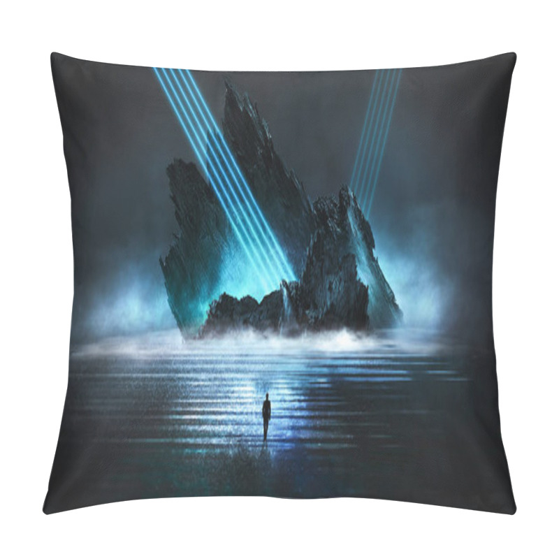 Personality  Futuristic Night Landscape With Abstract Forest Landscape. Dark Natural Forest Scene With Reflection Of Moonlight In The Water, Neon Blue Light. Dark Neon Circle Background, Dark Forest, Deer, Island. Pillow Covers