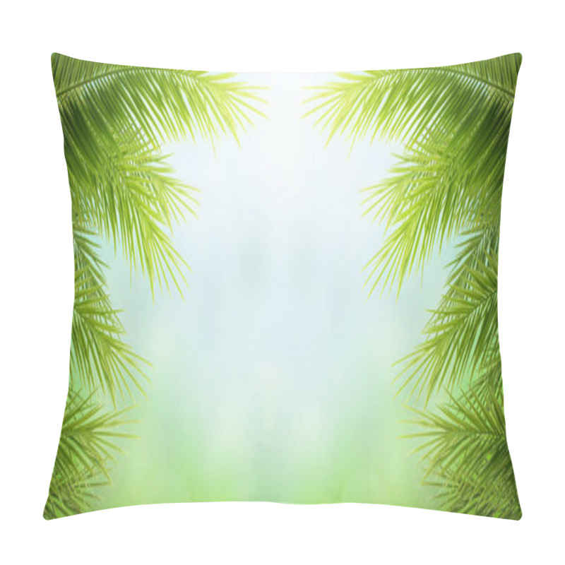 Personality  Earth Day Concept:  Green Palm Tree Leaves On Natural Sky Pillow Covers