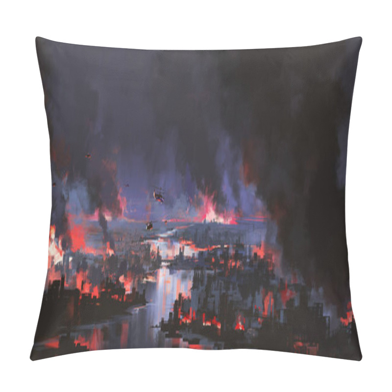 Personality  Aerial View Of A City Destroyed By War, 3D Illustration. Pillow Covers