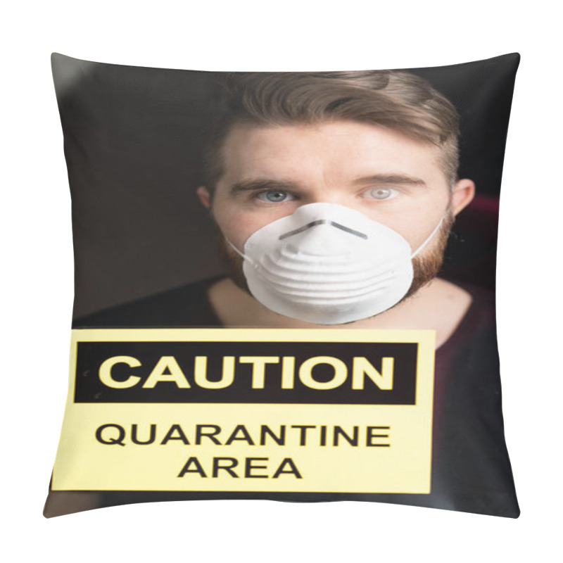 Personality  Coronavirus, Quarantine And Pandemic Concept. Sad And Sick Man Of Corona Virus Looking Through The Window. Pillow Covers