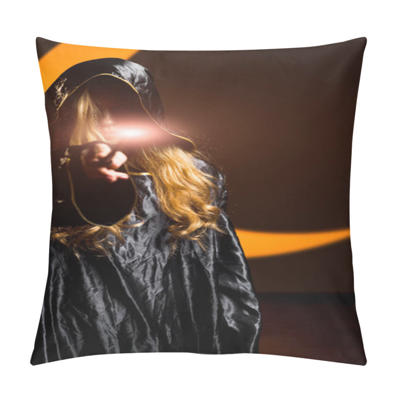 Personality  Mysterious Sorceress Casting Spells With A Wand Under An Enchanting Golden Light.Portrait Of A Witch With A Magic Wand On The Background Of The Moon. Concept Of Magic And Sorcery Pillow Covers