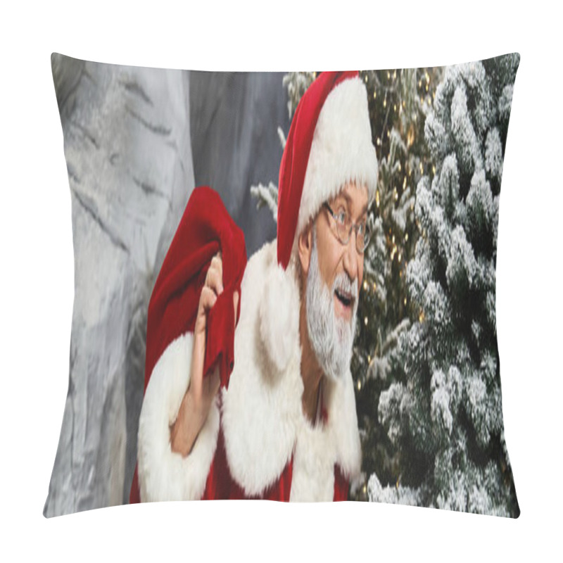 Personality  Santa Claus Smiles Brightly While Holding A Red Sack, Surrounded By Festive Decorations. Pillow Covers