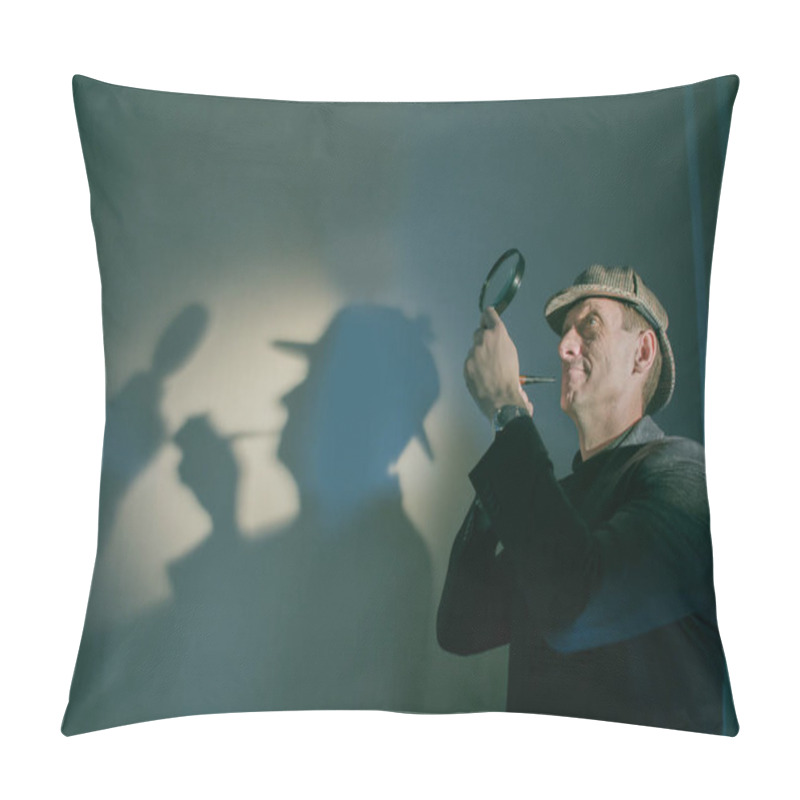 Personality  Detective At Work With Magnifying Glass And Pipe Investigating Crimes Pillow Covers