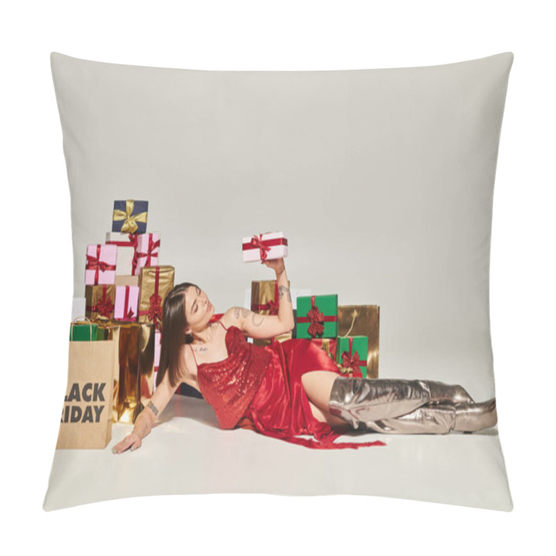 Personality  Attractive Woman Lying On Floor With Present In Hands Posing On Ecru Backdrop, Black Friday Concept Pillow Covers