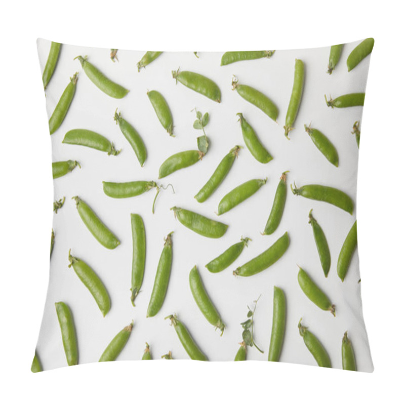 Personality  Top View Of Ripe Pea Pods Spilled On White Surface Pillow Covers