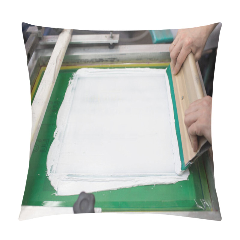 Personality  Serigraphy Silk Screen Print Process At Clothes Factory. Frame, Squeegee And Plastisol Color Paints Pillow Covers