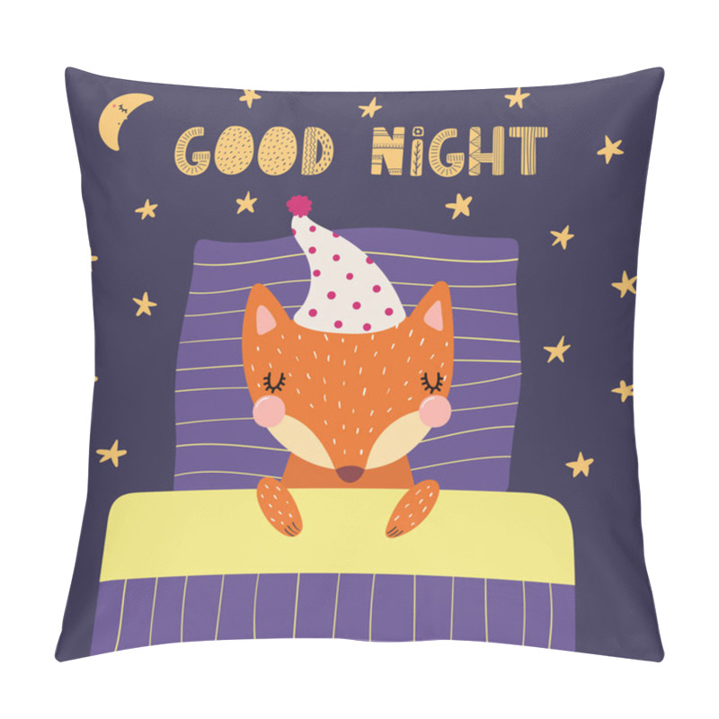 Personality  Hand Drawn  In Scandinavian Style Of Cute Funny Fox Sleeping In Nightcap With Pillow And Blanket With Quote Good Night, Concept For Children Print , Vector, Illustration Pillow Covers