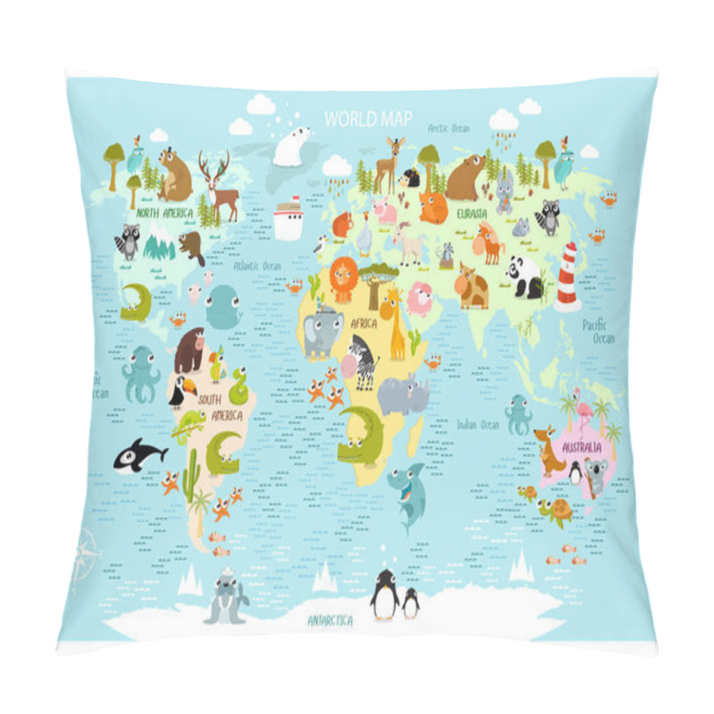 Personality  Print. Vector Map Of The World With Cartoon Animals For Kids.  Pillow Covers