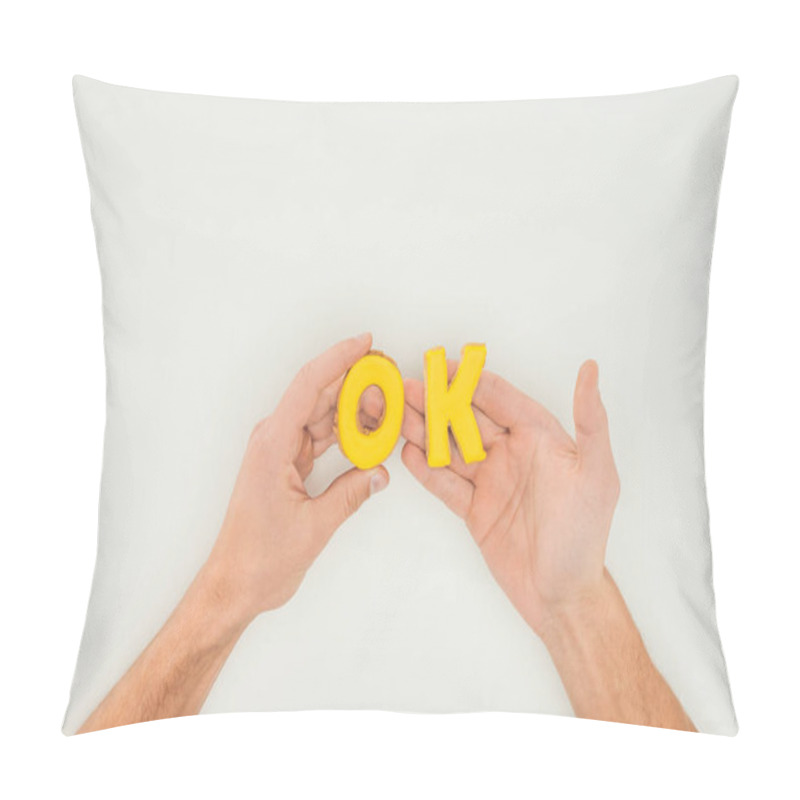 Personality  Cropped Person Holding Ok Word In Yellow Cookies Solated On White Background Pillow Covers