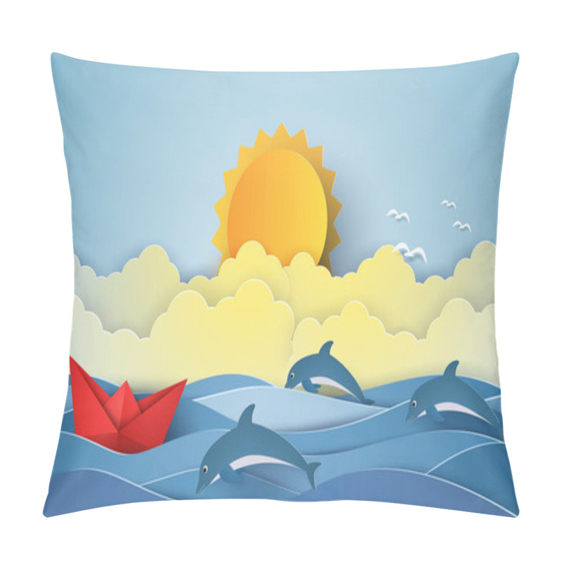 Personality  Sea With Origami Boat And Dolphins And Sun , Paper Art Style Pillow Covers