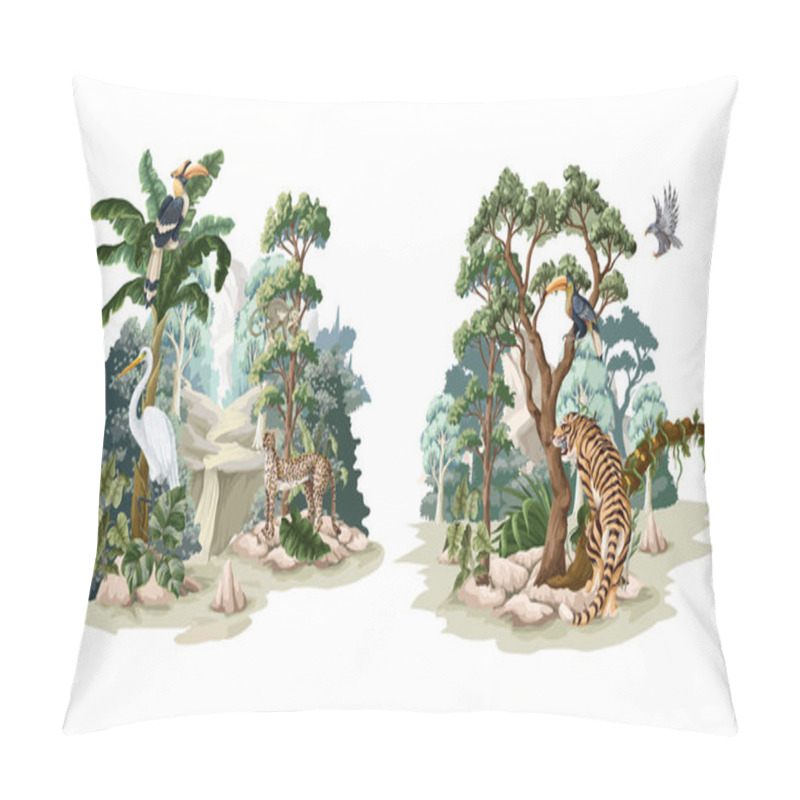 Personality  Jungle Landscape With Animals. Interior Vector Print. Pillow Covers