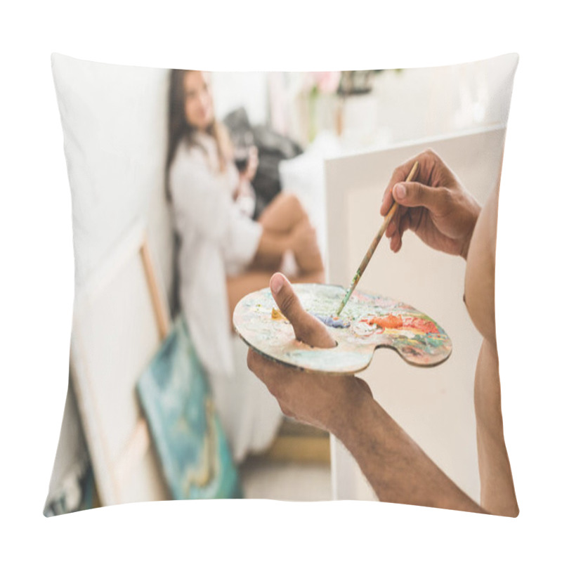 Personality  Cropped View Of Shirtless Man Drawing Girlfriend With Brush While Girl Sitting In Bed With Wine  Pillow Covers