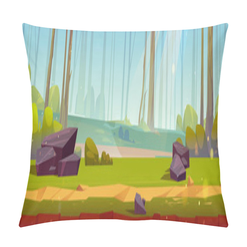 Personality  Game Ground Texture Of Road In Forest. Game Level Scene With Summer Landscape Of Deep Woods With Path, Green Grass, Trees, Bushes And Stones, Vector Cartoon Illustration Pillow Covers