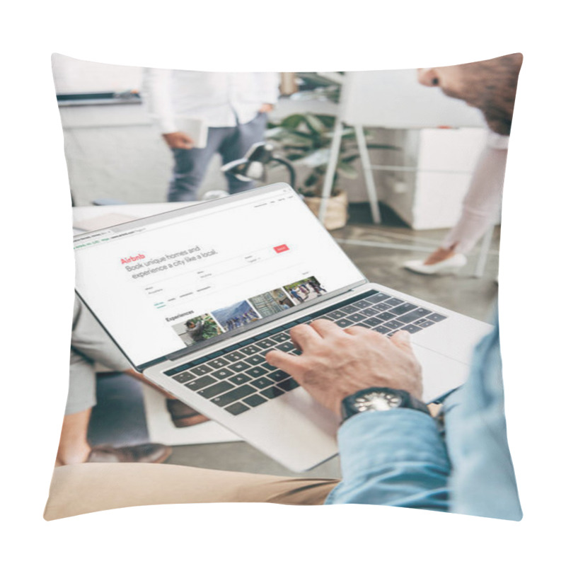 Personality  Cropped Shot Of Young Businessman Using Laptop With Airbnb Website On Screen   Pillow Covers