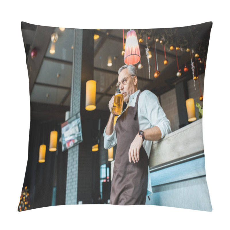 Personality  Male Worker In Apron Holding Drinking Beer At Bar Counter Pillow Covers