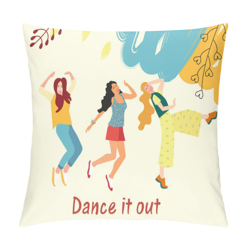 Personality  Dancing For Girls. Young Girls Dance And Move To The Music At A Party, Festival Or Carnival. Joyful Emotions. Vector Illustration Pillow Covers