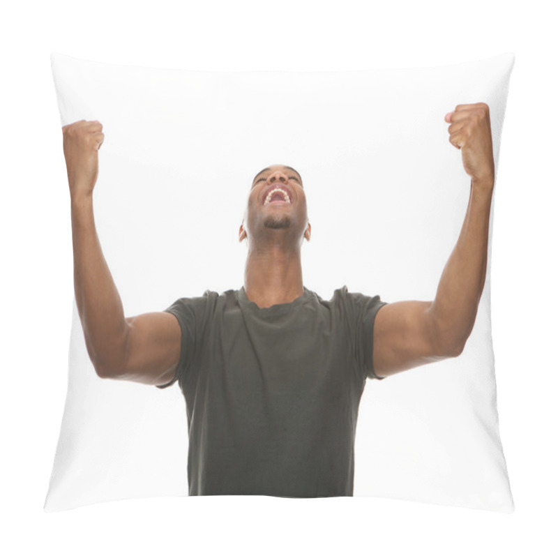 Personality  Cheerful Young Man Shouting With Arms Raised In Success Pillow Covers