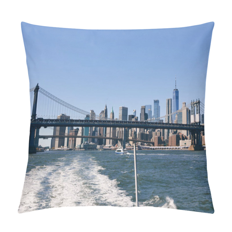 Personality  A View Of The New York City Skyline, Including The Brooklyn Bridge, From A Boat On The East River. Pillow Covers