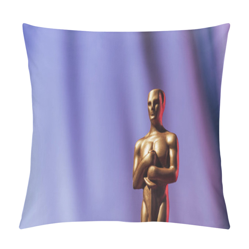 Personality  KYIV, UKRAINE - JANUARY 10, 2019: Golden Oscar Award On Purple Background With Copy Space Pillow Covers