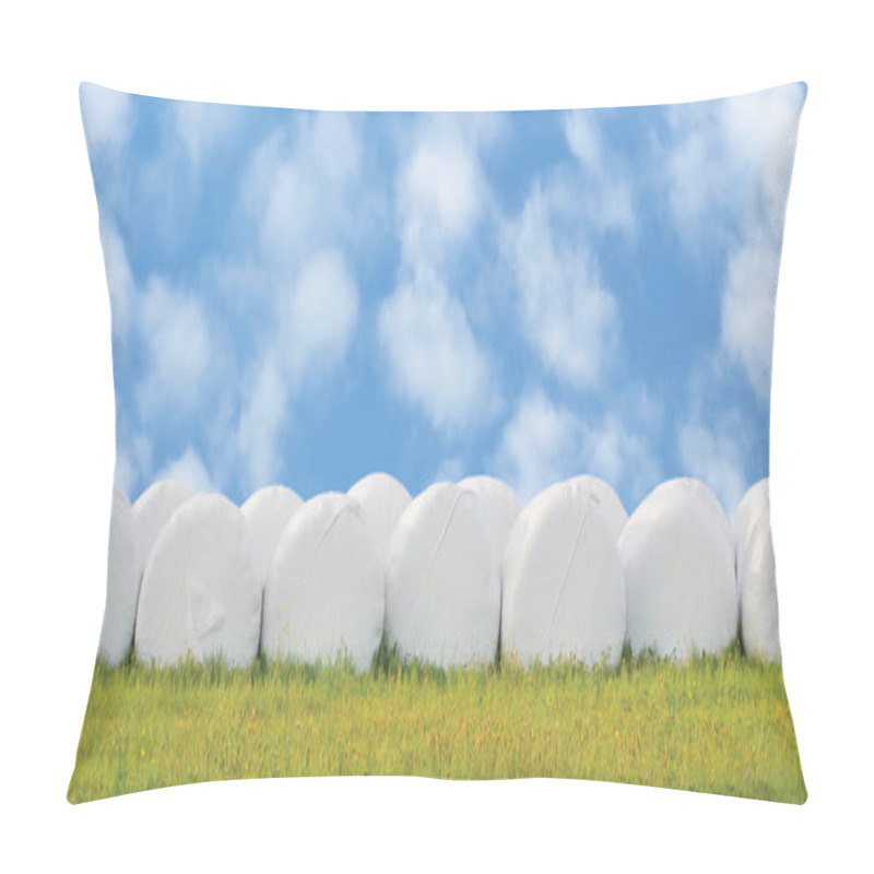 Personality  Wrapped Stacked Silage Bales Row, Isolated Round White Plastic Film Hay Rolls, Haylage Stack Rows Panorama, Horizontal Grassland Closeup, Green Summer Meadow Grass, Sunny Sky Cloudscape, Bright Clouds, Baling Concept, Panoramic Rural Scene Pillow Covers