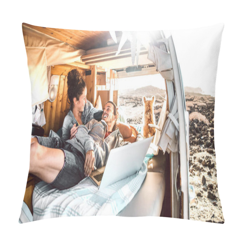 Personality  Hipster Couple With Dog Traveling Together On Retro Mini Van Transport - Digital Nomad Concept With Indie People On Minivan Romantic Trip Working At Laptop Pc In Relax Moment - Warm Contrast Filter Pillow Covers